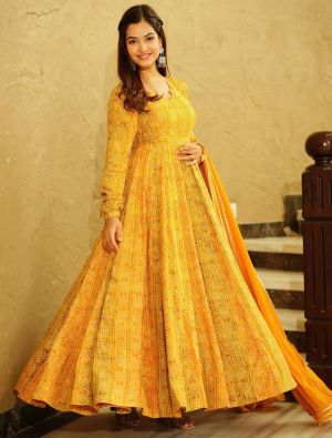 deep yellow georgette printed readymade gown with dupatta fabgo20257