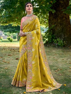 Deep Yellow Premium Banarasi Silk Embroidered Saree