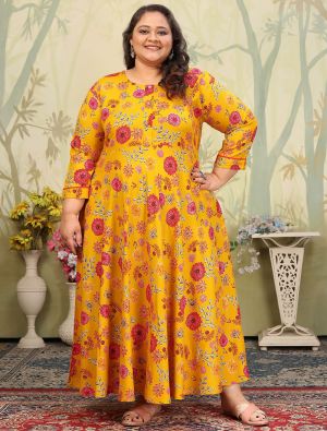 deep yellow rayon plus size kurti fabku21098