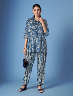 denim blue crepe silk stylish co ord with scarf fabku21081