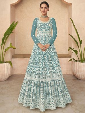 Dusty Blue Georgette Semi Stitched Embroidered Anarkali Suit small FABSL21671