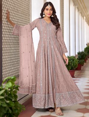 Dusty Peach Georgette Semi Stitched Front Slit Anarkali Suit small FABSL21698