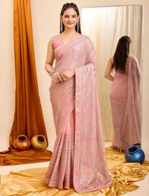Dusty Pink Georgette Party Wear Saree With Sequins