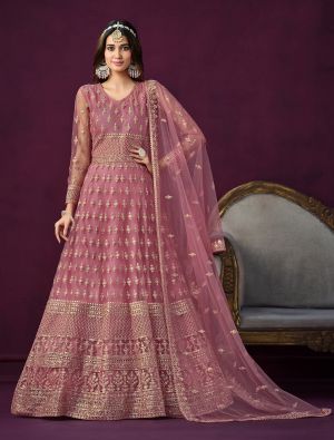Dusty Pink Net Semi Stitched Anarkali Suit With Sequins small FABSL21708