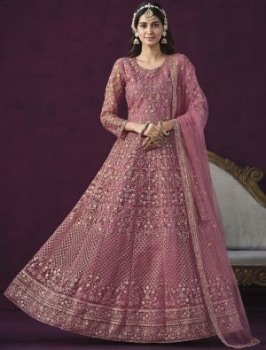 Dusty Pink Net Semi Stitched Sequined Anarkali Suit small FABSL21675