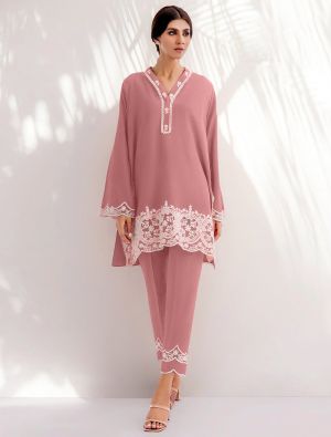 dusty pink poly viscose chanderi embroidered kurta pant set fabku20937