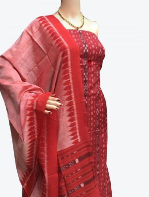 Red Handwoven Sambalpuri Cotton Unstitched Suit with Dupatta small FABSL20254