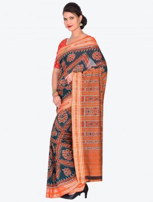 Blue and Orange Handwoven Sambalpuri Pure Cotton Designer Saree small FABSA21038