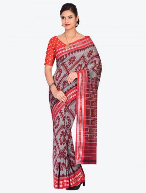 Grey and Red Handwoven Sambalpuri Pure Cotton Designer Saree small FABSA21032