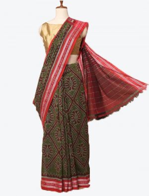 Mehendi Green Handwoven Sambalpuri Pure Cotton Designer Saree small FABSA21044
