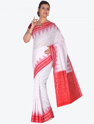 Red and White Handwoven Sambalpuri Pure Cotton Designer Saree small FABSA21036