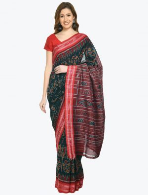 Green And Red Premium Sambalpuri Handloom Ikat Cotton Saree FABSA21694