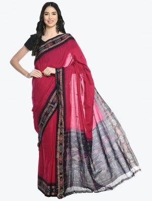 Magenta And Black Pure Sambalpuri Handloom Ikat Cotton Saree FABSA21708