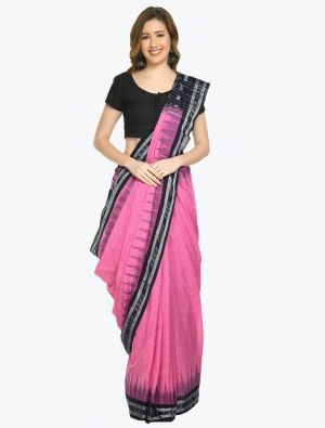 Pink And Black Pure Sambalpuri Handloom Ikat Cotton Saree FABSA21701