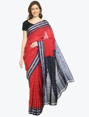 Red And Blue Premium Sambalpuri Handloom Ikat Cotton Saree FABSA21690