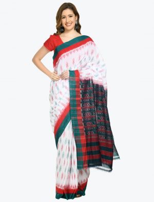 White Red And Green Premium Sambalpuri Handloom Ikat Cotton Saree FABSA21698
