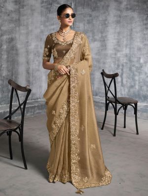Golden Beige Tissue Silk Embroidered Designer Saree