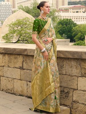 Golden Green Jacquard Silk Elegant Saree With Woven Work