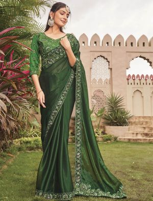 Green Blooming Shimmer Georgette Embroidered Saree