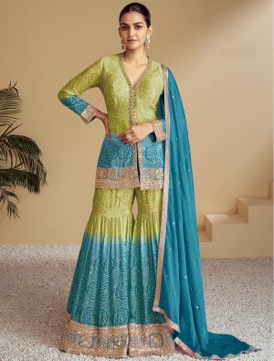 Green Chinon Semi Stitched Sharara Suit small FABSL22040