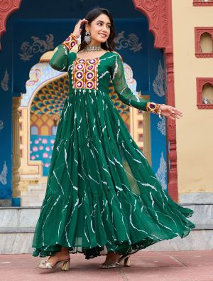 green georgette gown with leheriya print and kutchi patch work fabgo20388