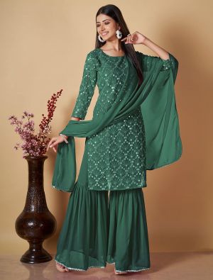 Green Georgette Readymade Sharara Suit With Mirror Work FABSL21738