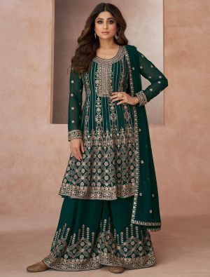 Green Georgette Semi Stitched Embroidered Palazzo Suit small FABSL21624