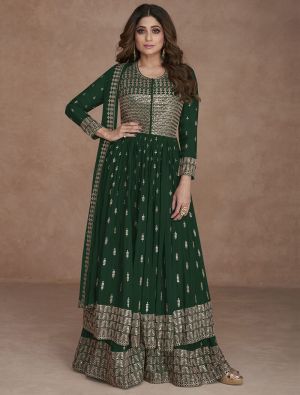 Green Georgette Semi Stitched Sequined Palazzo Suit small FABSL21628