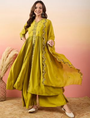 Greenish Yellow Silk Blend Embroidered Readymade Salwar Kameez FABSL21953