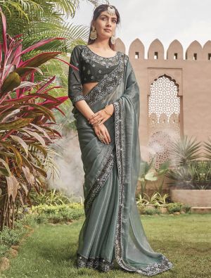 Grey Blooming Shimmer Georgette Embroidered Saree