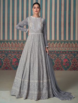 Grey Georgette Pre Stitched Anarkali Suit In 42 Size small FABSL22031
