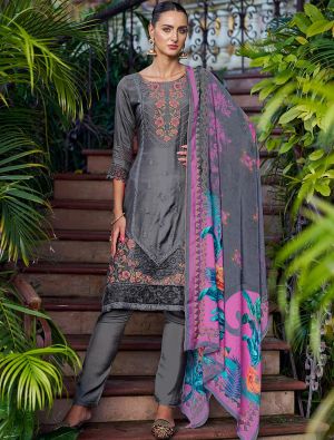 Grey Muslin Salwar Kameez With Resham Embroidery And Cut Work small FABSL22022