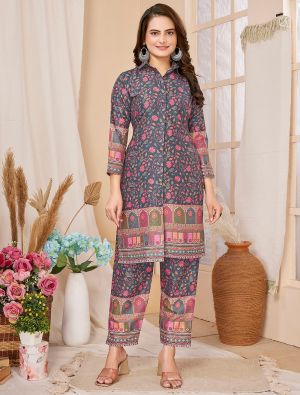 grey rayon digital printed co ord set fabku20997