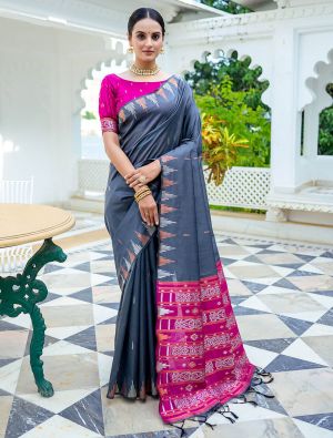 Grey Tussar Silk Saree With Silver And Copper Zari Weaves