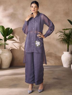 greyish purple organza designer co ord set with hand work fabku21111