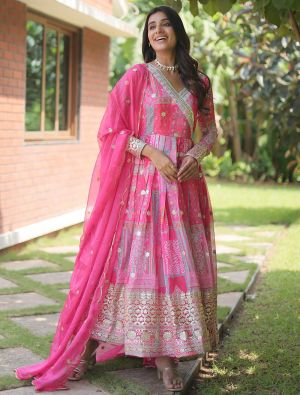 hot pink russian silk flared anarkali gown with dupatta fabgo20273