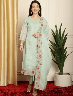 Ice Green Organza Embroidered Sequined Salwar Suit small FABSL21595