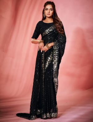 Jet Black Georgette Party Wear Saree With Sequins