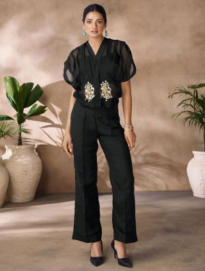 jet black organza designer co ord set with hand work fabku21116