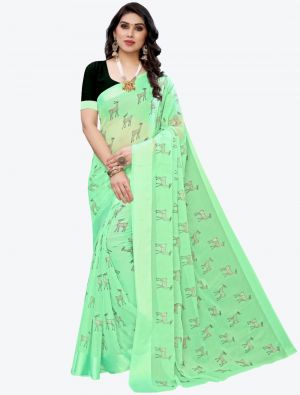 Light Green Silk Blend Designer Saree small FABSA20950