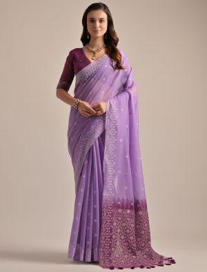 Lavender Muga Cotton Saree With Jamdani Weaving