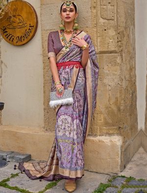 Lavender Printed Silk Party Wear Saree With Woven Zari