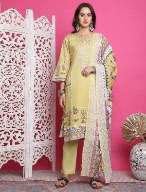 Lemon Yellow Cotton Salwar Kameez With Resham Thread Work small FABSL21914