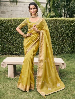 Lemon Yellow Viscose Tissue Premium Designer Saree