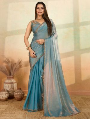 Light Blue Frendy Satin Saree With Bead Embroidery