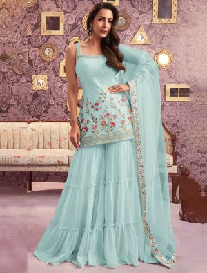 Light Blue Georgette Semi Stitched Embroidered Sharara Suit small FABSL22003