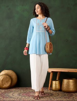 light blue rayon embroidered top fabku21022