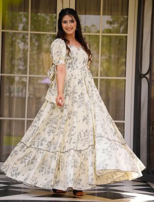 light cream rayon digital printed flared gown   fabgo20371