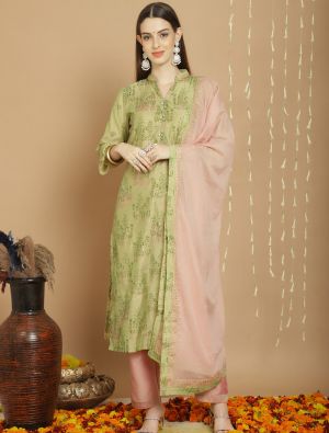 Light Green Chanderi Silk Semi Stitched Salwar Suit small FABSL21735