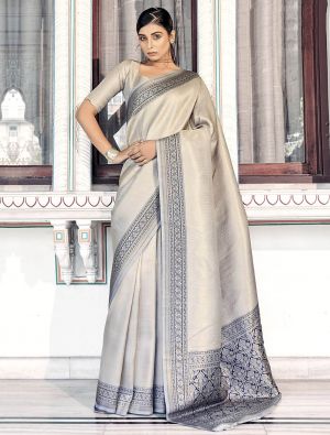 Light Grey Kanjivaram Silk Saree With Woven Thread Work